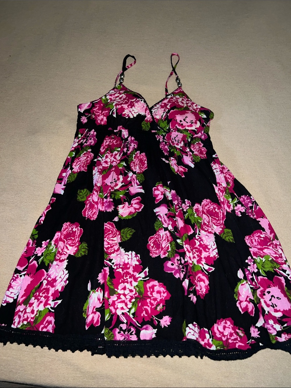 New size large 11-13 Black Floral Spaghetti Strap Dress with Pink Roses